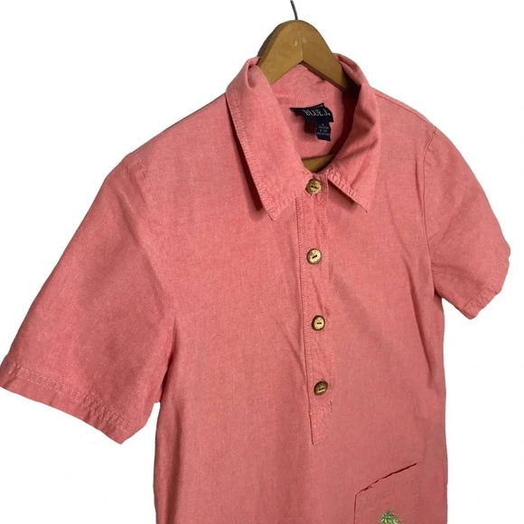 Vintage 90s Blue J. Pop Over Collared Shirt Dress Embroidered Palm Tree Pockets - Picture 3 of 7